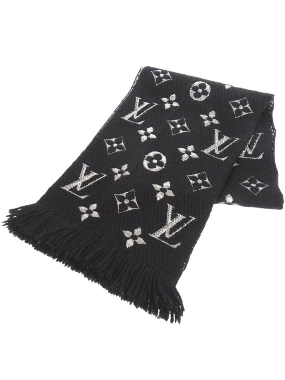 Louis Vuitton Logomania Scarf Shine Wool Silk Black Silver